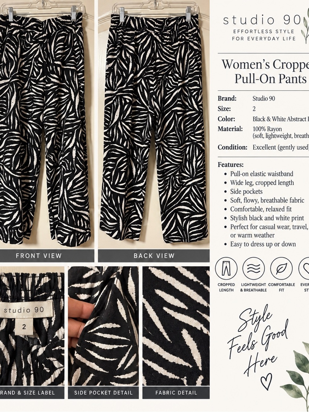 Studio 90 Black & White Cropped Wide-Leg Pull-On Pants